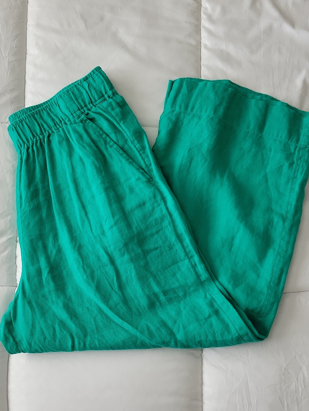 Tahari 100% Linen Pants M Kelly Green Ankle Wide Leg Elastic Waistband EUC
